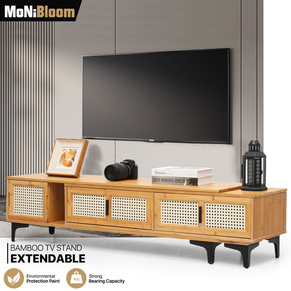 MoNiBloom Retractable TV Stand Monitor Storage Bamboo Shelf With